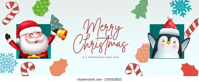 Christmas greeting vector background design. Merry christmas text with santa claus and penguin characters in xmas drawing ornaments for holiday celebration. Vector illustration.

