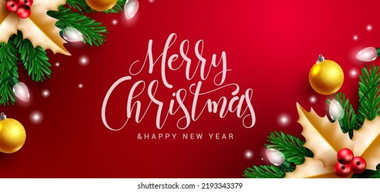 Diseño de fondo vectorial de saludo de Navidad. Merry navidad tipografía texto en el espacio rojo decoración con hojas de pino y elementos mistletoe para mensajes de vacaciones. Ilustración vectorial.
