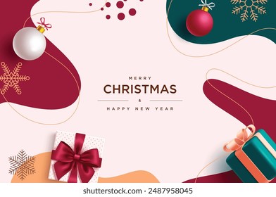 Christmas greeting vector background design. Merry christmas and happy new year text with gift box, xmas balls and snowflakes decoration elements in abstract pattern background. Vector illustration 