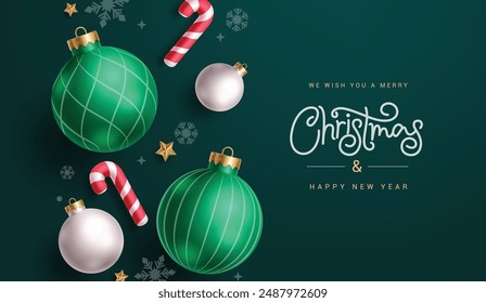 Christmas greeting vector background design. Merry Christmas and happy new year invitation card with xmas pattern balls, candy cane, snowflakes and stars elements in green elegant background. Vector 