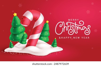 Christmas greeting vector background design. Merry christmas and happy new year greeting text with candy cane balloons, pine tree inflatable and snow decoration elements. Vector illustration holiday 