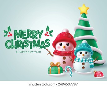 Christmas greeting vector background design. Merry Christmas and happy new year greeting text with snowman characters and pine tree elements in cold xmas background. Vector illustration holiday season