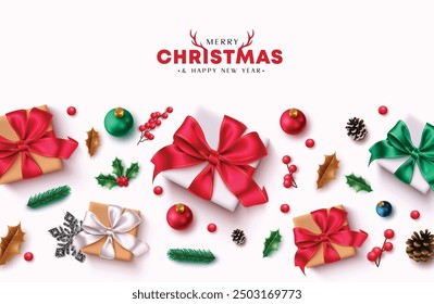 Diseño de fondo de Vector de saludo de Navidades. Feliz Navidad y feliz año nuevo texto de saludo con Elementos decorativos para la celebración de la temporada de vacaciones en fondo blanco. Ilustración vectorial estacional 