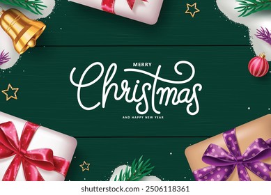 Christmas greeting vector background design. Merry christmas and happy new year greeting card with text, gift box, spruce leaves and bell elements in snow green wooden board. Vector illustration 