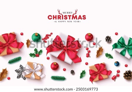 Christmas greeting vector background design. Merry christmas and happy new year greeting text with decorative elements for holiday season celebration in white background. Vector illustration seasonal 