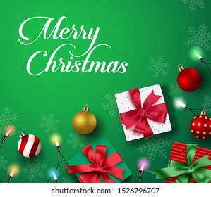 Fondo vectorial del saludo de Navidad. Feliz Navidad Navidad Navidad Navidad Navidad, texto de tipografía de saludo en verde espacio vacío para texto y mensajes con decoración colorida de regalo de Navidad, bolas y luces en copos de nieve
