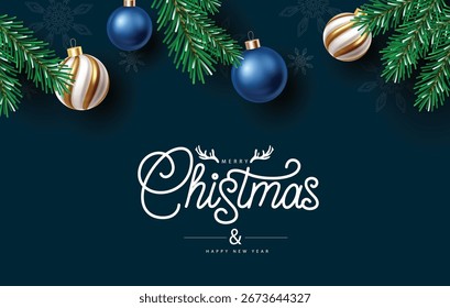 Christmas greeting vector background with realistic pine branches, glossy golden and blue baubles, and elegant typography on a dark backdrop. Perfect for greeting cards or holiday banners.