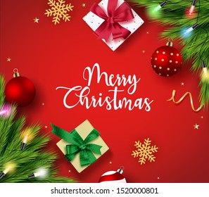 Christmas greeting vector background template. Merry christmas text with elements of  gifts, balls, snowflakes, pine leaves, confetti and colorful lights in red background. Vector illustration.