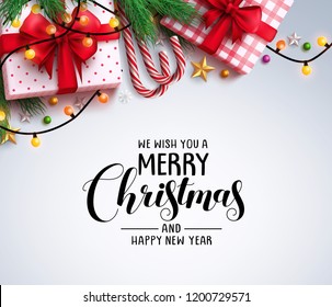 Christmas greeting vector background with text and colorful christmas elements like gifts, candy cane and lights in white background. Vector illustration.
