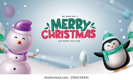 Christmas greeting vector banner design. Merry christmas greeting text with pine tree element, cute snowman and happy penguin characters in cold snowy outdoor background. Vector illustration seasonal 
