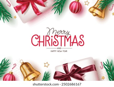 Navidades de felicitación de diseño de tarjeta de Vector. Texto de felicitación de feliz Navidad en fondo blanco con caja de regalo, campana, hojas de abeto, bolas de Navidad y Elementos de estrellas para la tarjeta de invitación de temporada. Vector 