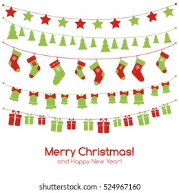 Christmas greeting vector card with festive garlands, christmas toys, stockings, gift boxes