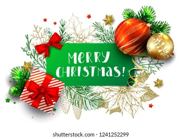 Christmas greeting vector card with realistic 3D fir tree, balls, gift box and hand drawn conifers branches. Handwritten inscription Merry Christmas. Sketch vintage illustration.