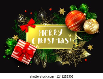 Cartão de vetor de saudação de Natal com árvore de abeto 3D realista, bolas, caixa de presente e ramos de coníferas desenhados à mão. Preto e ouro brilhante. Inscrição manuscrita Merry Christmas. Esboço ilustração vintage.