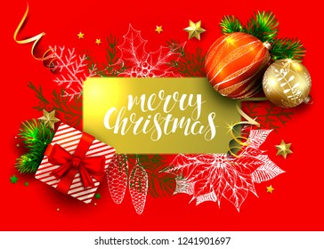 Christmas greeting vector card with realistic 3D fir tree, balls, gift box and hand drawn conifers branches. Handwritten calligraphic inscription Merry Christmas. Sketch vintage illustration.