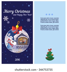 Christmas greeting vector card with a snowman and house 
