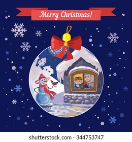 Christmas greeting vector card with a snowman and house 
