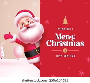 Christmas greeting vector card  template design. Merry christmas greeting text in red board wish list with waving santa claus character snow winter background. Vector illustration invitation card.