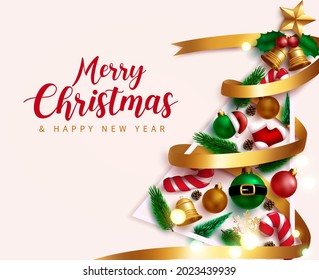 Christmas greeting vector design. Merry christmas text with balls, spruce leaves and lasso ornament in paper cut shape xmas tree element for holiday decoration. Vector illustration
