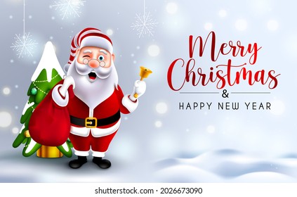 Christmas greeting vector design. Merry christmas text with santa claus character standing holding gift sack and bell for xmas holiday season card. Vector illustration
