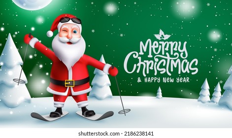 Christmas greeting vector design. Merry christmas text with santa claus character with ski elements in snow for xmas holiday season. Vector illustration.
