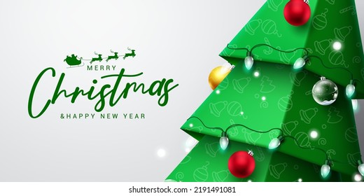 Weihnachtsgruß, Vektordesign. Fröhlicher Weihnachtstext im weißen Raum mit 3D-Papier-Schnitt Weihnachtsbaummuster für Feiertagskarten-Nachrichten. Vektorgrafik.
