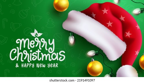 Christmas greeting vector design. Merry christmas typography text with santa hat in star pattern, xmas lights and balls elements for holiday messages. Vector illustration.
