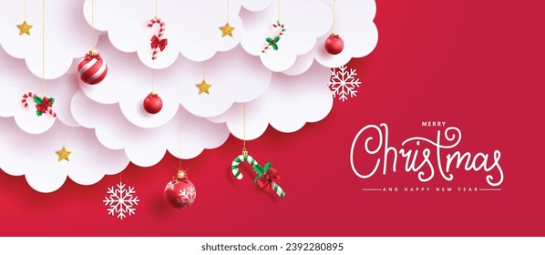 Christmas greeting vector design. Merry christmas and happy new year text with paper cut clouds and hanging xmas season decoration elements. Vector illustration greeting card in paper cut design.  
