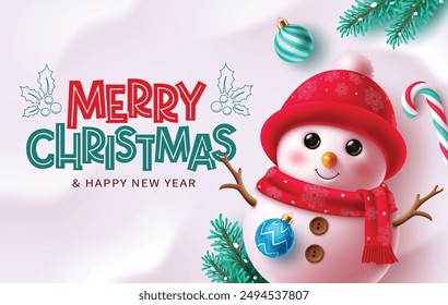 Christmas greeting vector design. Merry Christmas and happy new year greeting text with snowman character in spruce leaves, xmas balls and candy cane elements in seasonal winter background. Vector