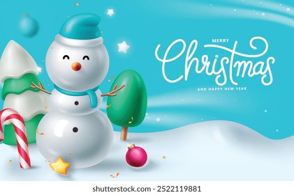 Christmas greeting vector design. Merry christmas greeting text with snowman character and pine tree elements for winter season in snowy outdoor background. Vector illustration seasonal card design. 
