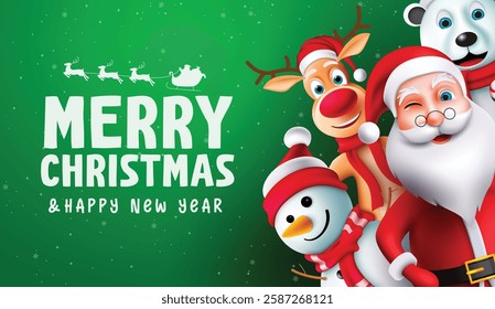 Christmas greeting vector design. Merry Christmas text with xmas characters of Santa Claus, reindeer snowman and polar bear for holiday season greeting. Vector illustration.
