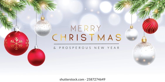 Christmas greeting vector design. Merry Christmas text in white background with hanging crystal balls and pine leaves for holiday season messages. Vector illustration.
