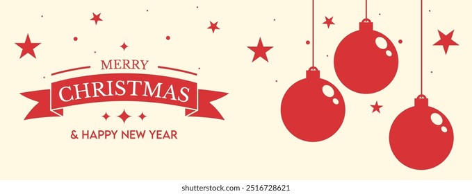 Design vetorial de saudação de Natal em vermelho e creme, com um banner com o texto "Feliz Natal e Feliz Ano Novo", ideal para banner de feriado clássico.