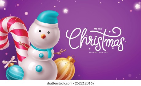 Christmas greeting vector design. Snowman character with candy cane, pattern balls and shining stars for holiday season greeting in purple snow winter background. Vector illustration happy new year 