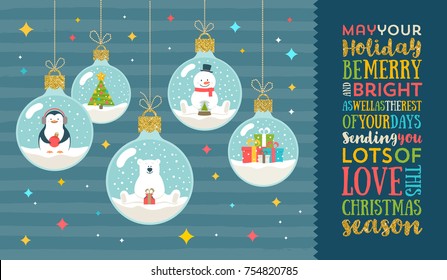 Christmas greeting vector illustration - christmas baubles with cutie holidays characters and type design.