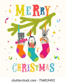 Christmas greeting vector illustration. Cute little animals with gifts placed inside a Christmas stocking.