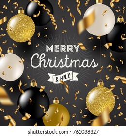 Christmas greeting vector illustration - Golden foil confetti and white and glitter gold Christmas baubles.