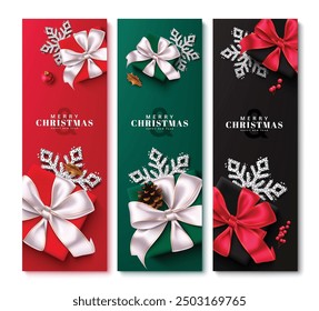 Christmas greeting vector poster set design. Merry christmas greeting text with gift box and elegant glitter snowflakes elements in colorful background for holiday season gift tags. Vector 
