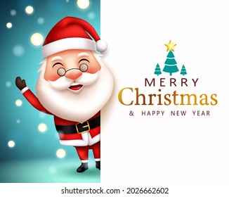 Christmas greeting vector template background. Merry christmas text with waving santa claus character in happy expression for xmas celebration card. Vector illustration

