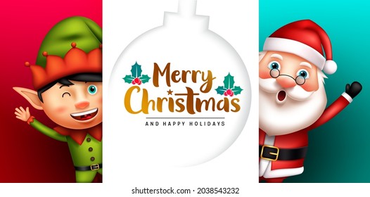 Weihnachtsgruß Vektordesign. Fröhlicher Weihnachtstext in weißem, leerem Raum mit wehendem Weihnachtsmann und elfem Kind für eine Weihnachtskarte. Vektorgrafik.
