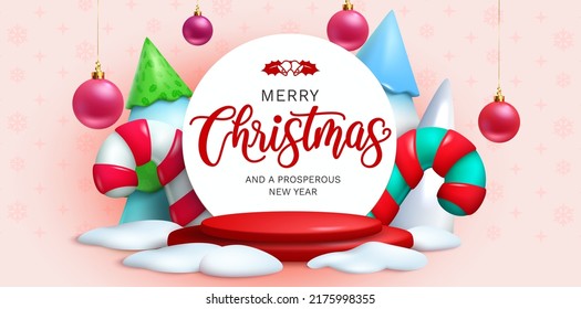 Christmas greeting vector template design. Merry christmas text in circle space with xmas balls, candy cane and fir tree elements for holiday season outdoor decoration. Vector illustration.
