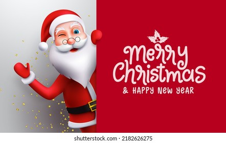 Weihnachtsgruß Vektordesign. Fröhlicher Weihnachtstext in rotem leeren Raum mit Santa-Claus-Charakter, der im Hintergrund für Weihnachtsfeiertagsgrußbotschaften schwingt. Vektorgrafik.
