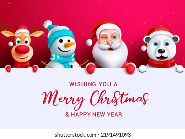 Christmas greeting vector template design. Merry christmas text in white space with xmas characters of santa claus, reindeer and snowman for holiday season messages. Vector illustration.
