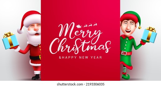 Weihnachtsgruß Vektordesign. Fröhlicher Weihnachtstext in rotem leeren Raum mit Weihnachtsklauseln und Elffiguren für Weihnachtsnachten. Vektorgrafik.
