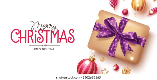 Christmas greeting vector template design. Merry christmas greeting text in white space background with gift box, xmas balls, fir leaves, stars and bokeh elements for invitation card. Vector 