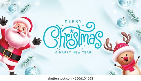 Christmas greeting vector template design. Merry christmas greeting text in empty space cold winter background with happy santa claus, cute reindeer characters, frost fir leaves,  xmas balls 