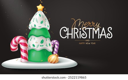 Christmas greeting vector template design. Merry christmas greeting text with elegant pine tree, candy cane, ball, and star elements in podium stage background. Vector illustration xmas season design.