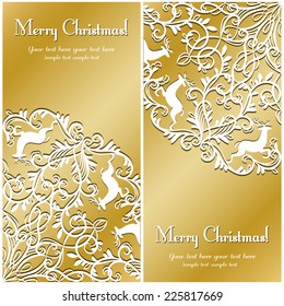 Christmas Greeting vintage card with snowflake and deer, gold and white