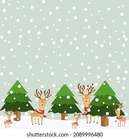 Christmas greeting wallpaper with reindeers and Christmas trees. There are space for text with snowing background.	