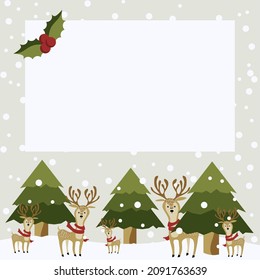 Christmas greeting wallpaper with reindeers and Christmas trees. There are space for text with snowing background.	